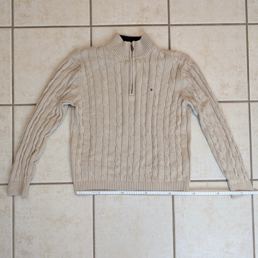 Size L Tommy Hilfiger 100% Cotton Y2K Vintage Cream Chunky Knit Quarter Zip - Picture 9 of 15